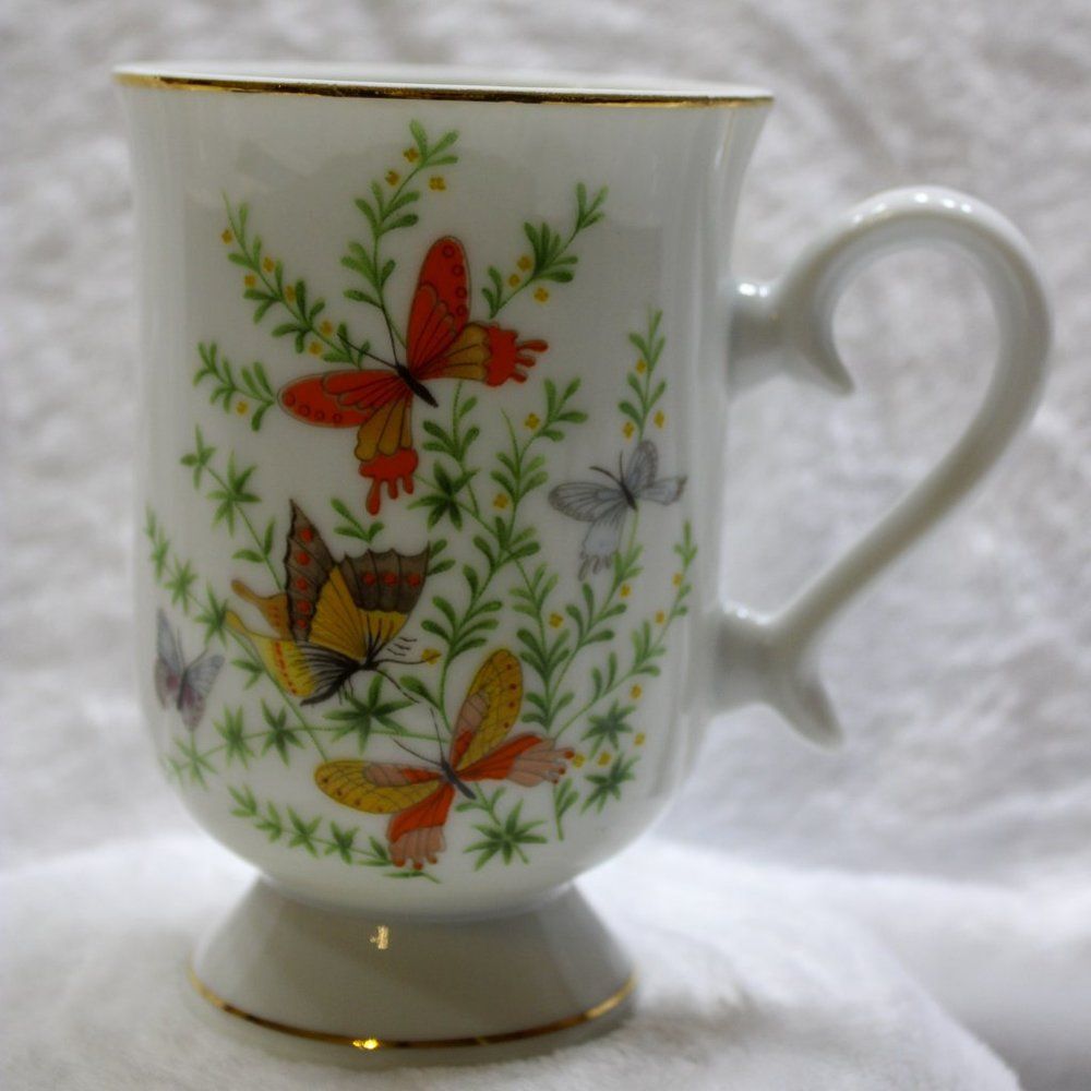 Vintage Ecstasy Coffee Tea Mug Cup Floral Butterflies Pedestal Footed 10 Oz